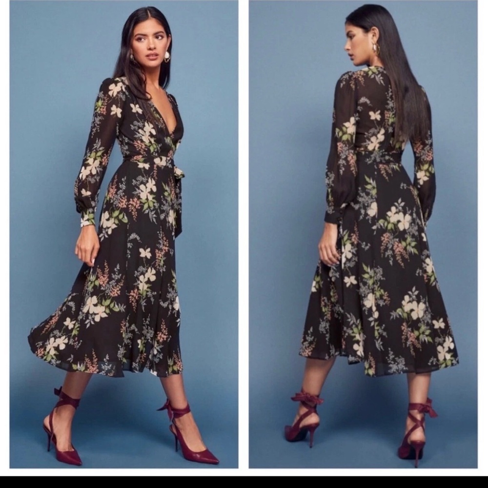 Reformation Black Floral Long Sleeve Dress